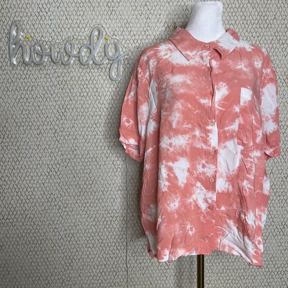 Forever 21 Pink & White Tie Dye Short Sleeve Button Up Collared Blouse Size 2XL